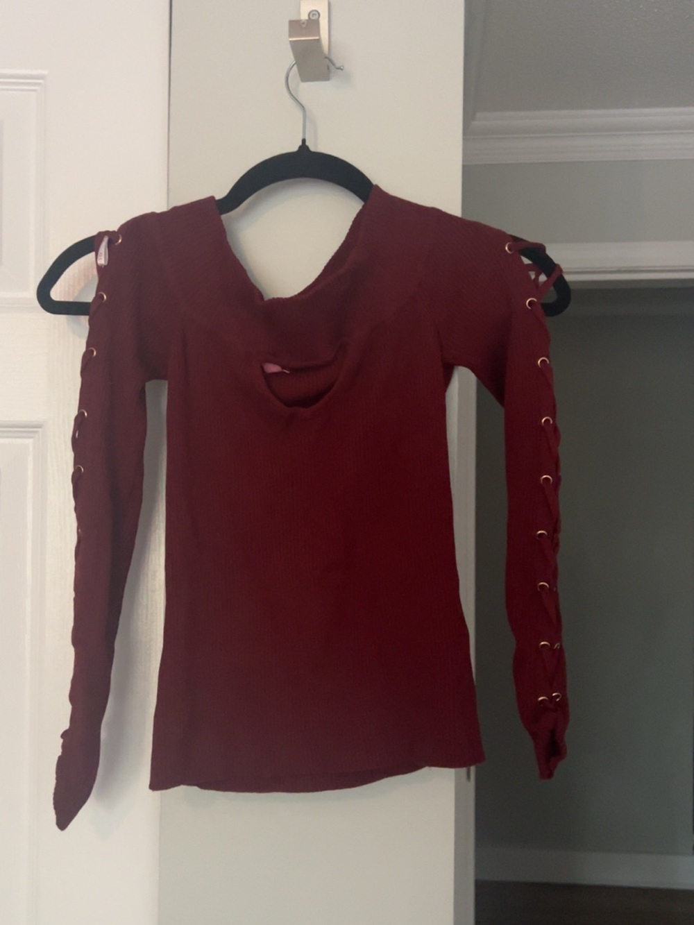 Guess Burgundy Lace-Up Cold-Shoulder Long Sleeve Top